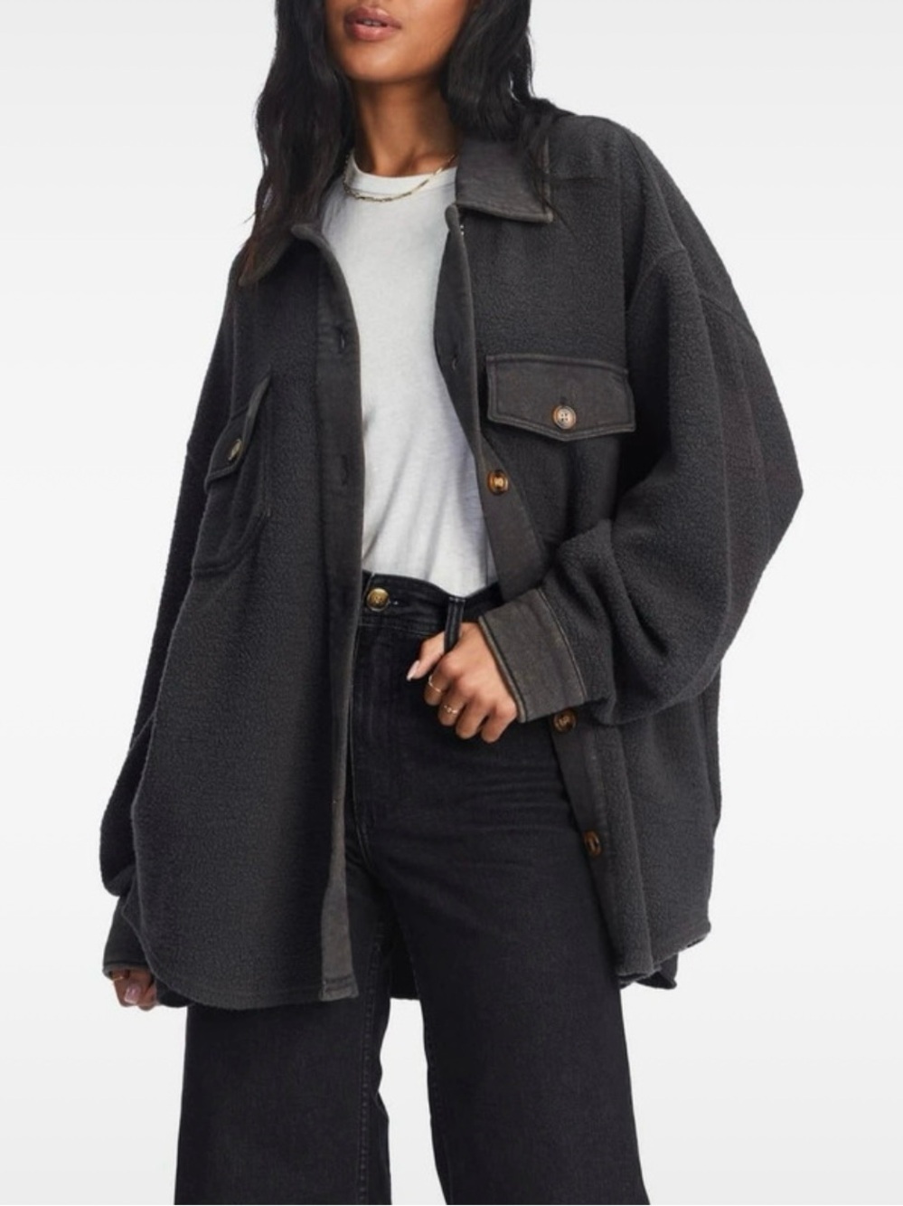 Billabong Dark Charcoal Teddy Shacket with Flap Pockets